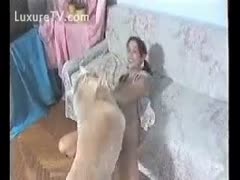 Around her boyfriend's large dog, the flirtatious dark brown with pigtails becomes sexually aroused and embraces bestiality.